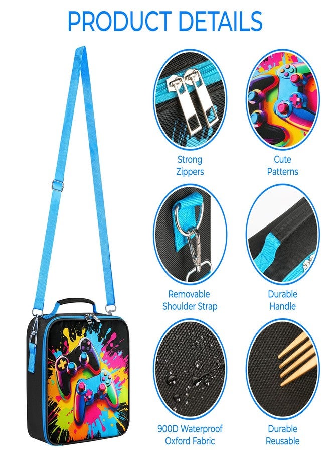 WOBAGMEN Kids Lunch Box,Insulated Game Lunch Bag for Boys and Girls, Cute Square Durable Bento Bag with Shoulder Strap for School or Picnic,Toddler Lunch Box for Daycare Preschool （blue） - Image 3